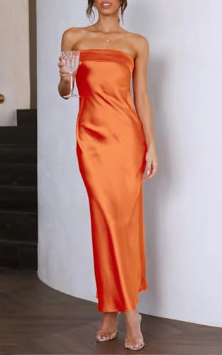 Image of Women Summer Lightweight Satin Maxi Bodycon Dress Strapless Tube Backless Hollow Out Long Party Dress