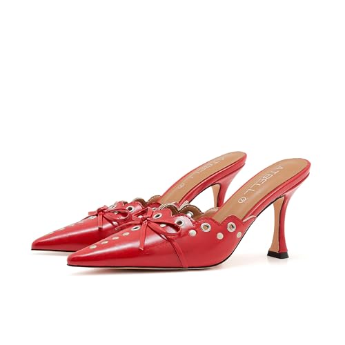 Image of Kitten Heel Mules for Women Bow Tie Suede Stiletto Heels Mule Pointed Toe Studs Slide Heeled Sandal Pumps for Wedding Dress Party
