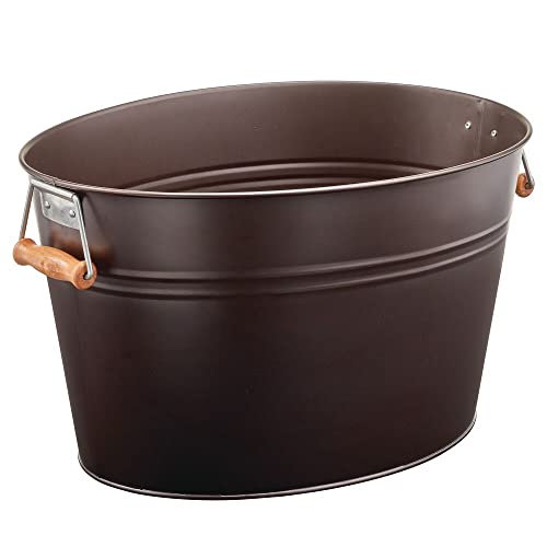 Mdesign Large Metal Beverage Tub Oval Cooler For Beer, Wine, Ice, And Drinks - Portable 4.75 Gallon/18 Liter Cold Drink Trough For Parties - Steel Bin Bucket Stand With Bamboo Handles, Bronze #TOP6
