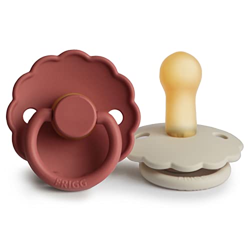 FRIGG Daisy Latex Pacifier | 2-Pack | Daisy Block Natural Rubber Soother | Symmetrical Cherry Shaped Nipple | BPA Free | Made in Denmark | Latex Dummy | Baked Clay/Cream - Size 2 (6-18 Months)
