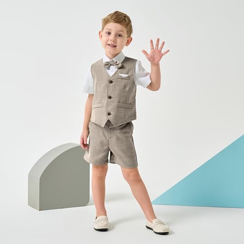 Image of Volunboy Baby Boys Summer Suits Short Sleeve Wedding Ring Bearer Outfits 4Pcs Graduation Dress Vest Shirt Bowtie Shorts Set