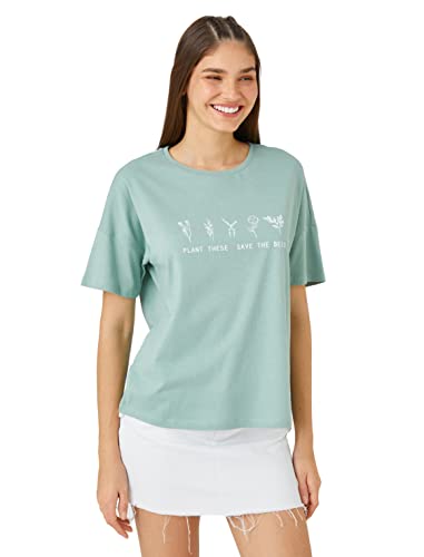 Koton Short Sleeve T-Shirt Slogan Printed Crew Neck, T-Shirt Donna, Grün (752),