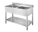 Gasfrit Fregadero Industrial 2 Senos de Acero Inoxidable 120x60 cm con Bastidor y Balda Inferior – Fregadero Profesional Hostelería con Patas Regulables, Doble Seno 45x45x28 cm para Cocina Industrial