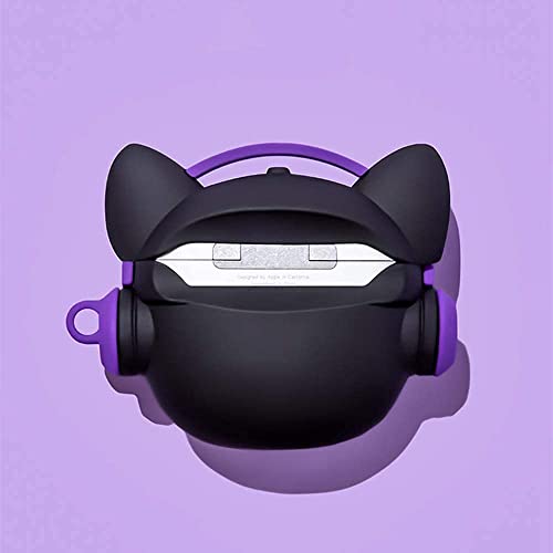 Image of Meyaar Earphone Case Cover Compatible for Realme Buds T300, Soft Silicone Skin Case Cover Shock-Absorbing Protective Case with Keychain (Front LED Visible) (Black Dog with Purple Band)