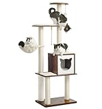 Made4Pets Cat Tree, Modern Cat Tree Tower for Indoor Cats - 65" Tall Wood Condo with Hammock, Scratching Post and Removable Pads for Small Large Cats, Brown