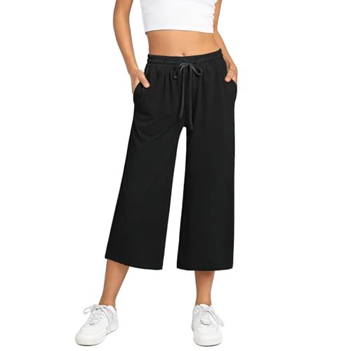 InfiniZer Culotte Damen Sommer 3/4 Hose Leicht und Atmungsaktiv mit Taschen Weites Bein Sommerhose (DE/NL/SE/PL Alphanumerisch M Regular Regular Schwarz)