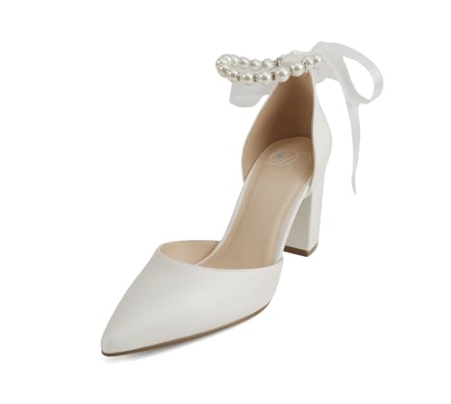 Delicious Julian ~ Women Pointed Toe Bridal Dress Pumps with Pearl Ankle Strap2