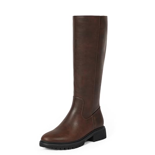 VIUGJNEX Womens Brown Boots No Heel Flat Riding Knee High Boots for Women Round Toe Chunky Platform Tall boot Lug Sole Low Heel Block Womens Fall Boot Size 11