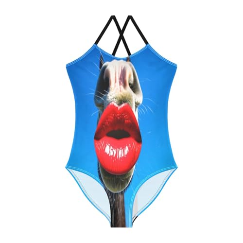 Funny Horse Red Lipstick Girls Swim Suit with Adjustable Shoulder Strap, Beach Bathing Suit, 3-10