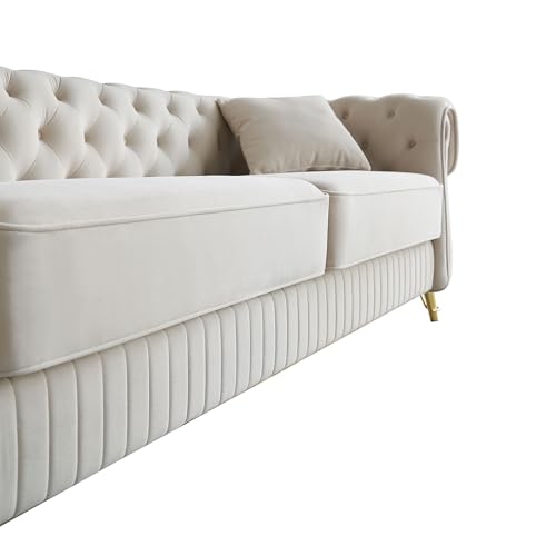 Image of KEIKI 89 inch Chesterfield Velvet Button Tufted Sofa with High Density Foam Cushions and 2 Toss Pillows, Modern Style 3-Seater Couch with 4 Gold Metal Leg, Easy Assembly, for Living Room, Apartment, Beige