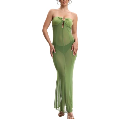 Image of Sexy Sheer Mesh Dresses for Women See Through Maxi Dress Strapless Tube Top Night Party