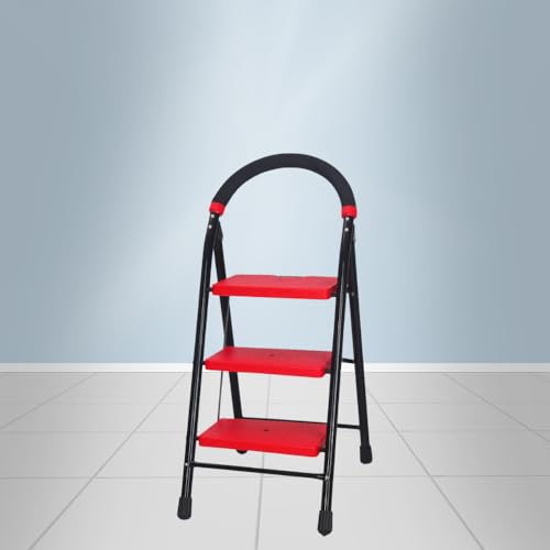 Image of CIPLA PLAST Super Milano Heavy Duty Ladder for Home Folding Ladder Premium Alloy Steel Folding 3 Step Ladder for Home, Wide Anti-Skid Steps (Black & RED) GEC-L3(SM)