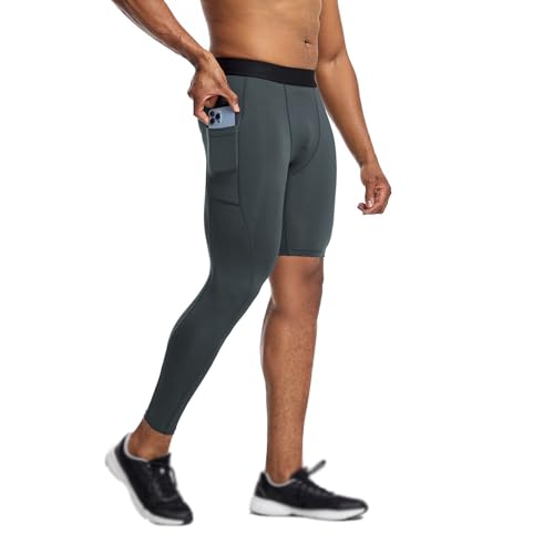 Blaward Men's Compression Pants One Leg Basketball Pants Running Workout Tights Legging with Pockets Athletic Baselayer