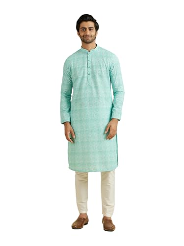 Kurta homme Manyavar coton brodé, ensemble pyjama de fête traditionnel aigue-marine
