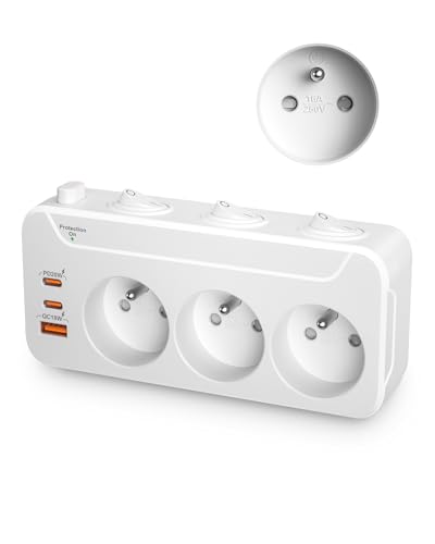 Multiprise avec Interrupteur Individuel, Fiche Multiprise Parafoudre 3 Prises Française, Bloc Prise Multiple Murale avec Terre, Triplite Prise Frontales à...
