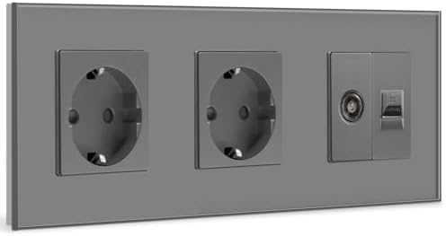 BSEED Schuko Steckdose mit 1/2 PC mit TV Grau Glas Panel Steckdose Glas TV antenna coaxial and RJ55 Cat5e Ethernet 16 Amp Steckdose 228mm Doppelt Wandsteckdose Verlängerungssteckdo