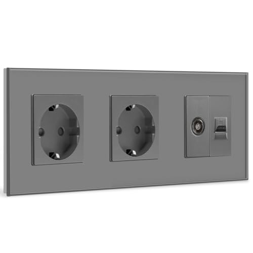 BSEED Enchufe de Pared Doble con 1/2 PC+ TV Antena de Coaxial y Ethernet RJ45 Cat5e Schuko con Panel