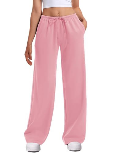 HeSaYep Women's Wide Leg Sweatpants Straight Leg Lowrise Sweat Pants Drawstring Elastic Low Waist Pants with Pockets, Pink S