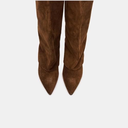 keleimusi Denim Fold Over Knee High Boots for Women Pointed Toe Kitten Heel Knee High Boots Pull On Wide Calf Shark Boot Fashion Shoes4