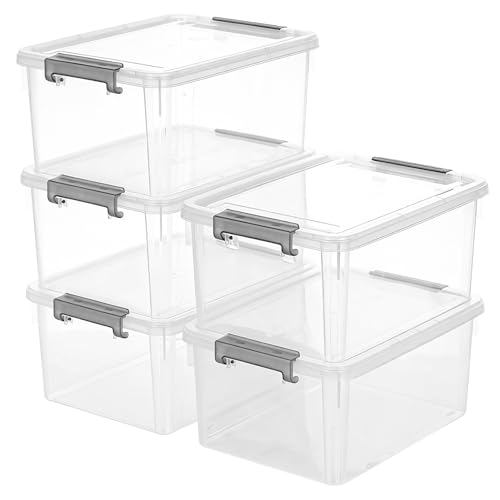 Image of Citylife 17 QT 5 Pack Large Storage Bins with Lids, Plastic Storage Container Stackable Box with Locking Latches for Home, Office, Closet & Pantry Organization, Clear White