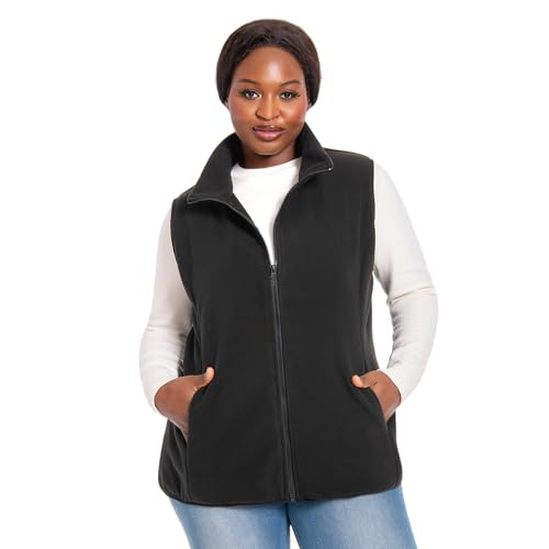 HHE Plus Size Women's Fleece Vest, 1X-5X Outerwear Lightweight Sleeveless Zip Jackets Warm Soft Women's Polar Fleece Zip Vest with Pockets(Black,3X)