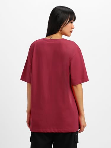 Image of JUNEBERRY Oversized Loose Baggy Fit Drop Shoulder Half Sleeves Pure Cotton Want The Truth Swan White & Viva Magenta Graphic Printed Cool Boyfriend T-Shirt for Women