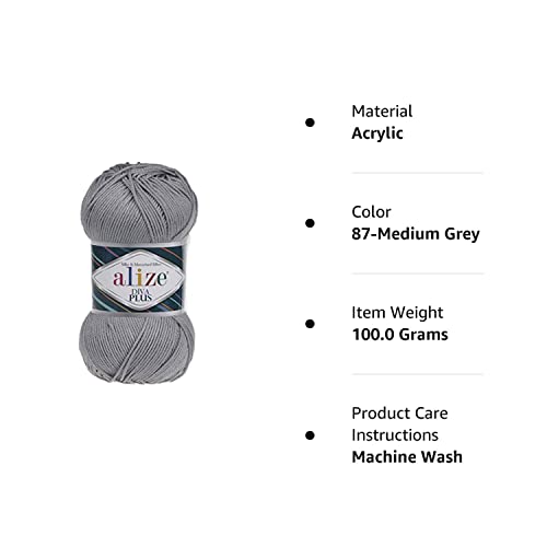 Alize Diva Plus 100% Microfiber Acrylic Silk And Mercerized Effect 3 Dk & Light Worsted Yarn 1 Ball Skein 100Gr 240 Yds Color (87-Medium Grey) #TOP1