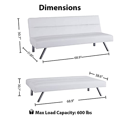 Naomi Home Zoe Futon Sofa Bed, Faux Leather Futon Couch, Modern Convertible Folding Sofa Bed Couch With Chrome Legs, Reclining Mini Couch, Leather Futon Small Couch For Bedroom Living Room White #TOP2