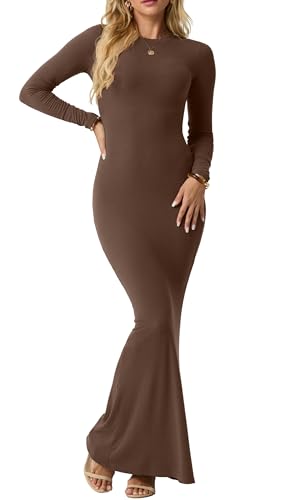 IWOLLENCE Bodycon Kleid Damen Langarm Maxi Dress Elegantes Figurbetontes Geripptes Kleid Rundhals Langes Enges Kleid Sexy Damen Maxikleid (Kaffee, S)