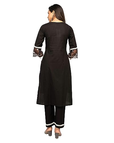 Image of FIORRA Women's Balck Cotton Floral Embroidery Straight Kurta with Palazzo