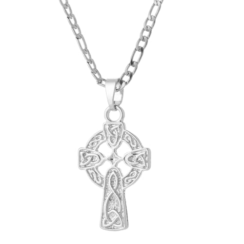 yipima 14K White Gold Plated Celtic Cross Pendant Necklace for Women Men Religious Viking Crucifix Pendant Irish Trinity Knot Minimalist Jewelry (large-white chain length:18)