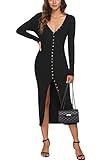 CMZ2005 Women's V Neck Long Sleeve Knit Cardigan Dress Bodycon Outerwear Button Down Sweater Maxi Dr