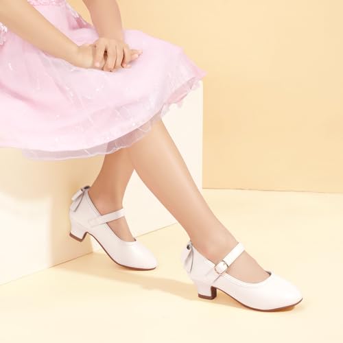 PANDANINJIA Girls Dress Shoes White Pumps Kids Toddler Heels Bow Jada Party Wedding Mary Jane Size 3 Princess Flower Girl Shoes