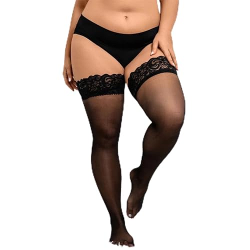 Image of Thigh High Stockings for Women Sexy - Hold Up Lace Top Semi Sheer Nylon Pantyhose for Women (US, Alpha, Large, Plus, Regular, Black)
