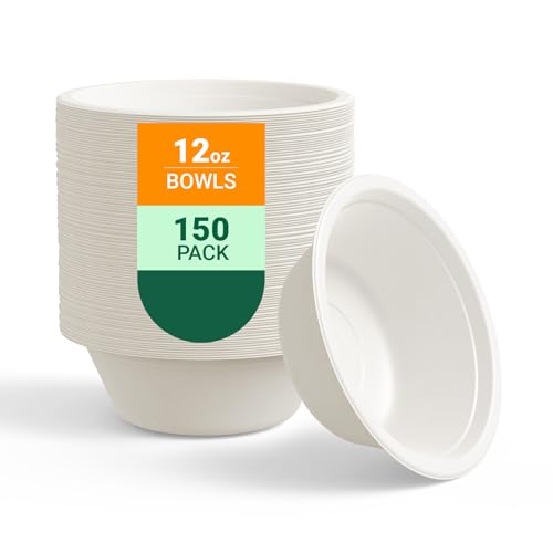 ECOLipak 150 Pack 12 oz Paper Bowls Disposable, Heavy-Duty Biodegradable Compostable Bowls Made of Natural Sugarcane Bagasse, Suitable for Salad, Dessert, Milk, Cereals