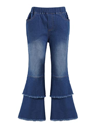JanJean Kids Girls Bell Bottom Jeans Ruffle Flare Raw Hem Denim Pant Trousers High Waisted Wide Leg Pants Casual Leggings