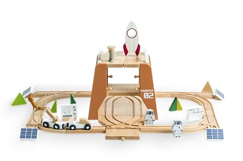 EverEarth Wooden Space Train Set, Mars Station Wood Train Track Set 39pcs, Train Toy with Astronaut and Rocket for Kids 36m+