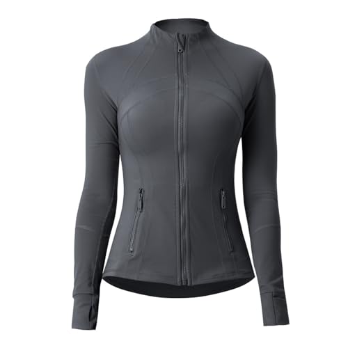 Aceyurre Damen-Laufjacke mit Taschen, schmale Passform, durchgehender Reißverschluss, grau dunkel, 40 Aceyurre Damen-Laufjacke mit Taschen, schmale Passform, durchgehender Reißverschluss, grau dunkel, 40
