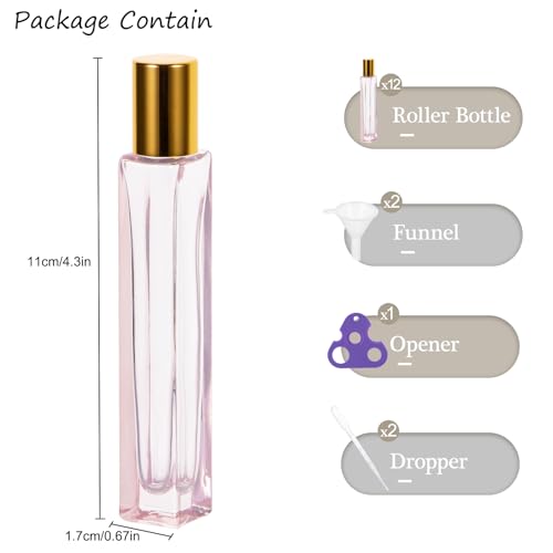 Yebeauty Glass Roller Bottles for Essential Oils 10ml Compact Travel Roll on Bottles for Oil Massage with Golden Aluminum Cover, 4 Pack Perfume Rollerball Empty with Opener, Funnel, Dropper, Pink2
