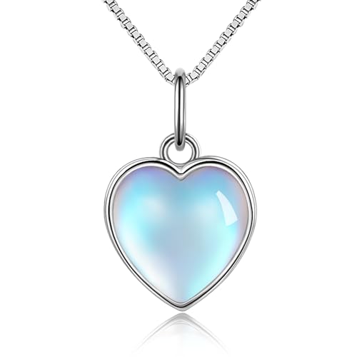 Candyfancy Collier en argent 925 avec pendentif en forme de cœur avec perles en zircone cubique et pierre de lune - Cadeau pour femme et petite amie, Argent...