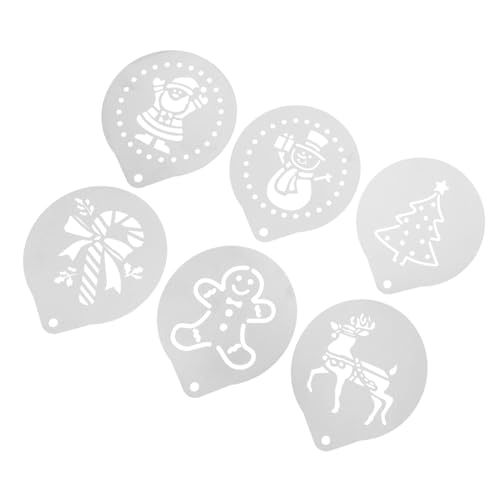 Garneck 6pcs Stainless Steel Coffee Stencils Cappuccino Art Template Set with Christmas Designs for Latte Decorating Cookie Cake Silver