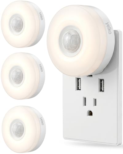 Image of YELKO Motion Sensor Night Light - Plug-in 3000K Warm White Anti-Glare LED Nightlight, Ultra Bright Cozy Soft Glow Not Dazzling for Hallway, Stairs, Garage, Bedroom, Bathroom, Garage, Kitchen, 4 Pack