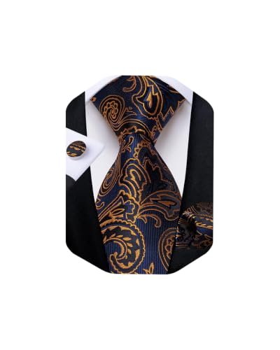 Image of DiBanGu Mens Paisley Tie Sets Silk Jacquard Woven Floral Necktie and Pocket Square Cufflinks Wedding Business Party