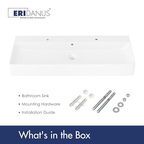 Eridanus Bathroom Sink Rectangle 43" x 16", Two Hole Vitreous Ceramic Vessel Sink, Countertop & Wall Mount, Modern Porcelain Vanity Floating Sink Art Basin Trough with Overflow, Glossy White