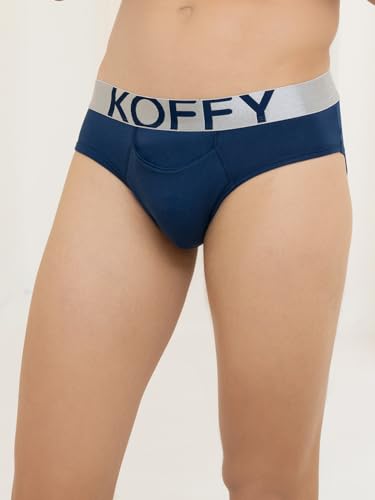 Image of KOFFY Men's Premium Cotton Lycra Brief with Minus Cutting Pouch| Silver Metallic Elastic| 4 Way Stretch| Wrinkle Free| Pack of 1