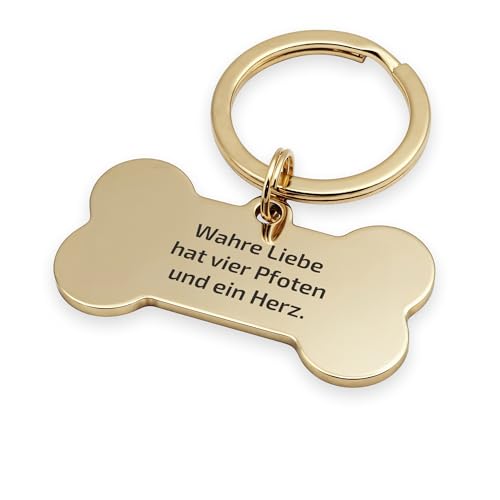 FELLSOCKE Hundemarke mit Gravur aus Edelstahl, Individuell gravierbar, Robuste Tiermarke, Dogtag Anhänger Hunde, Pferde, Katzen & Welpen (Glänzend, Goldfarben, 50x28mm)