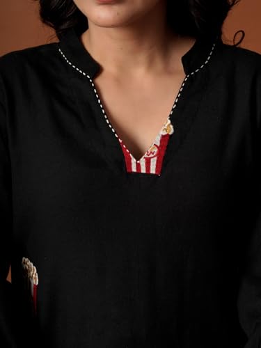 Image of INDO ERA Women's's Pure Cotton Embroidered Kurta Women | Floral Neck & Hem Embroidery | Cotton Kurta Women |