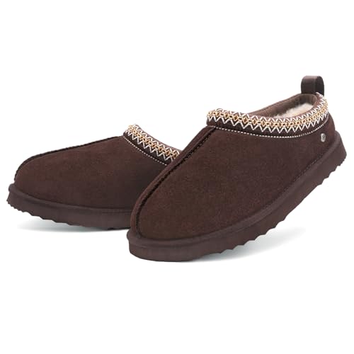 Parfeying Men’s Sheepskin Slippers with Shearling Fur Lining, Genuine Suede Upper, Cozy Fuzzy House Shoes for Indoor Outdoor, Memory Foam Winter Slip-On