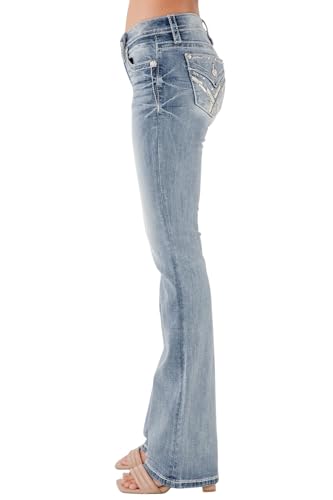 Miss Me Women's Crissy Mae Cross-Stitched Faux Flap Pockets Mid-Rise Bootcut Jeans3