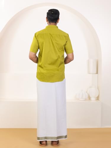Image of RAMRAJ COTTON Men Premium Cotton Full Sleeves Shirt and Fancy Border Dhoti Set Luxe Set